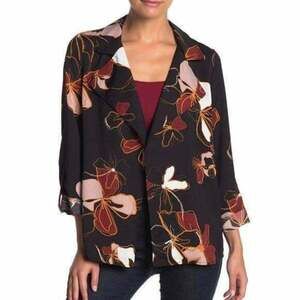14th & Union Womens 3/4 Sleeve Draped Notch Lapel Trapeze Jacket Black Floral XS